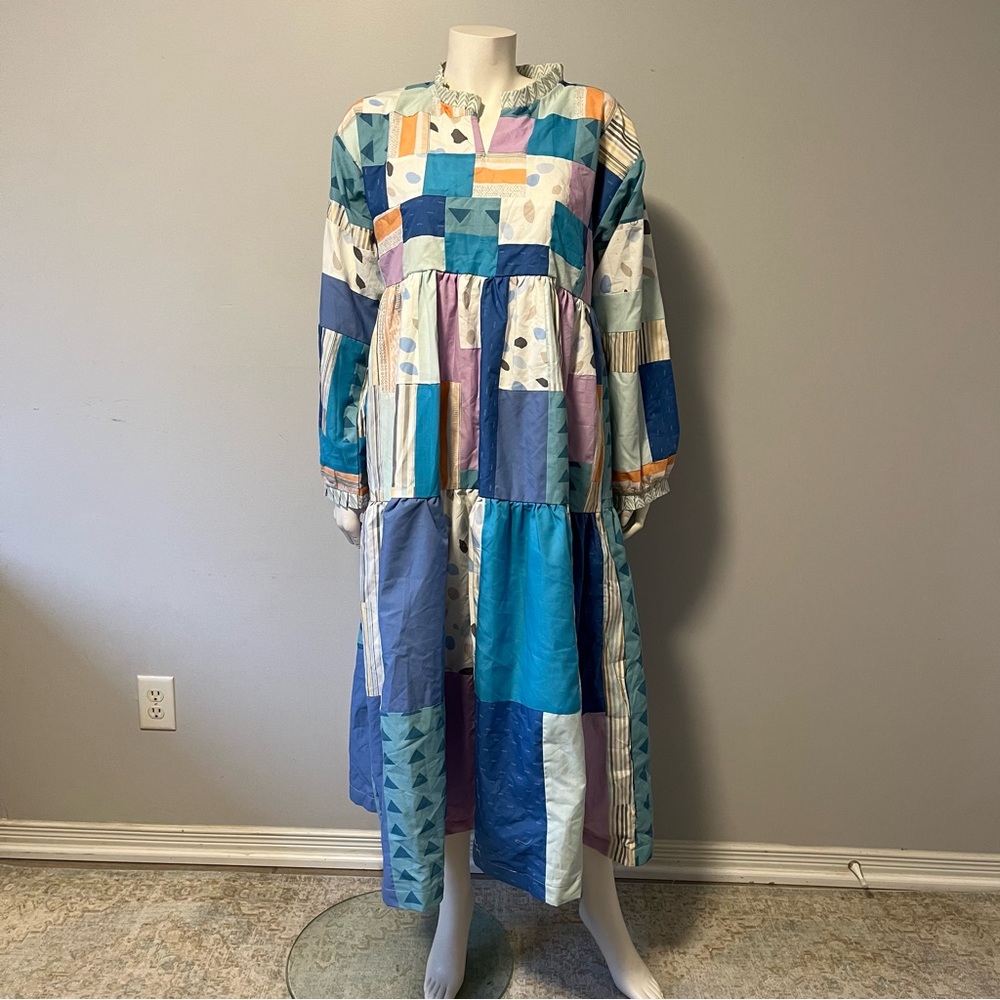 Hand stitched unique one of a kind patchwork Blue purple white dress size medium